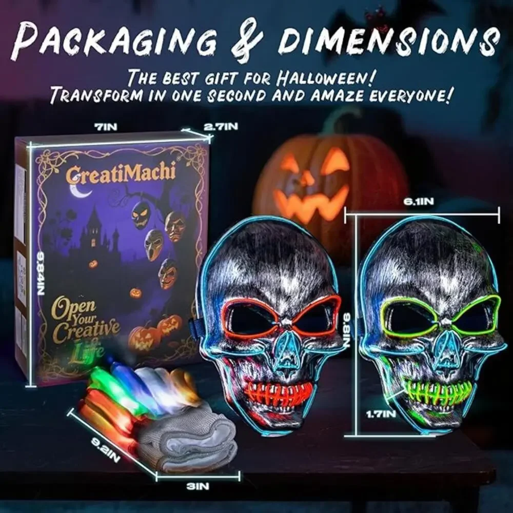 LED Mask Gloves Set Adult Teen Skeleton Glow Halloween Scary Light Up Costume